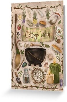 a greeting card with the words cottage witch surrounded by various items including caulders and herbs