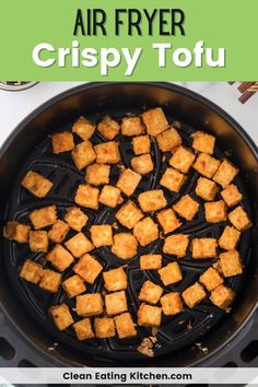 air fryer crispy tofu in a pan with text overlay