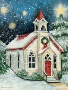 a painting of a church in the snow with christmas decorations on it's roof