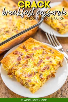 a slice of ham and cheese quiche on a plate next to a casserole dish