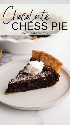 a slice of chocolate chess pie on a white plate