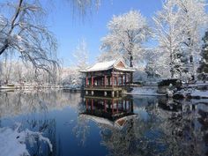 a small building sitting on top of a lake surrounded by snow covered trees and bushes