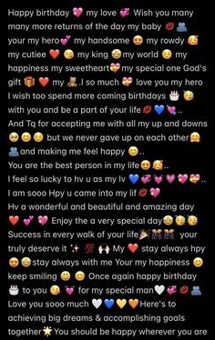 an emo text message with hearts and other emoticions in the background that reads, happy birthday my love wish you many