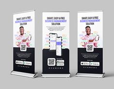 three roll - up banners with an image of a woman holding a cell phone and texting on them