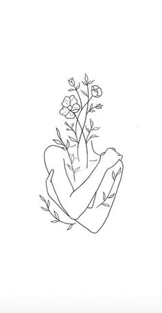 a black and white drawing of a hand holding a small plant with flowers on it