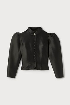 Jacket tailored from refined satin-finish fabric. Structured vintage silhouette Cropped cut Puffed sleeves Symmetrical button detailing Stand-up collar Structure Clothing, Edwardian Skirt, Puff Sleeve Jacket, Waist Jacket, Satin Noir, Black Costume, Vintage Silhouette, Sleeve Jacket, Collar Blouse