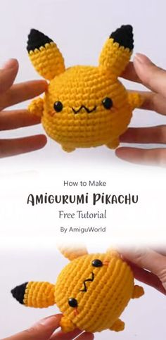 the hand is holding up a small crocheted pikachu