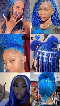 Blue Bob Hairstyles For Black Women, Blue Dye On Black Hair, Black And Blue Hair Black Women, Blue Dyed Hair Black Women, Medium Length Natural Hairstyles Curls, Blue Natural Hair Black Women, Blue 4c Hair, Blue Braids Hairstyles, Color Combinations Hair