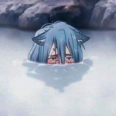 an anime character in the water with his head above the water's surface and eyes open