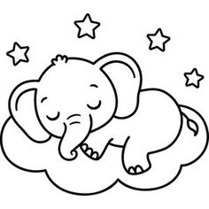 an elephant sleeping on top of a cloud with stars in the sky behind it, outlined in black and white