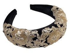 "This elegant black and gold embroidered padded headband is a show stopper! Intricate gold embroidered appliqués embedded with gold sequins have been hand pieced onto a rich black velvet padded headband. The pictures do not do this piece justice as it has a subtle shimmer that is not captured by the pictures.  This headband is made by me and takes a couple of days to complete. Each piece is hand pieced and then hand sewn onto the base.  This lovely halo crown is perfect for a wedding, prom or formal event and can also be worn with jeans for a more casual look.  This padded hair band is soft and extremely comfortable to wear. It fits most head sizes.   Measurements: 1.75\" wide in the center widest point Approximately .75\" thick/high  Click the following link to see my other padded headban Royal Blue Fascinator, Padded Headbands, Ivory Fascinator, Blue Fascinator, Gray Headband, Formal Hair, Halo Crown, Fabric Flower Brooch, Padded Headband