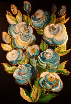 a painting of blue flowers with green leaves on a black background and gold trimmings