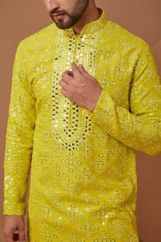 Bright yellow silk kurta with thread and mirror hand embroidery. Comes with pant. - Aza Fashions Mirrorwork Embroidery, Kurta For Men, Silk Kurta, Yellow Silk, Fabric Silk, Thread Work, Pant Set, Embroidered Silk, Mandarin Collar