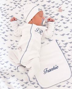 All white with DARK french blue trim, personalized in your choice of color and monogram. - 7 PIECE SET: FOOTIE, GOWN, HAT, BLANKET, BIB, BURP PAD, CLIP - 5 PIECE SET: FOOTIE, HAT, BLANKET, BIB, CLIP - 3 PIECE SET: FOOTIE, HAT, BLANKET 100% Pima Cotton Snaps CAPRILINA SIZE CHART: NB: 7-10 LBS 3M: 10-13LBS Justin Bieber Baby, John Major, Mom Goals, Boys Closet, Children Hospital, Moms Goals, Nursery Room Inspiration, Baby Rooms, Boy Clothing