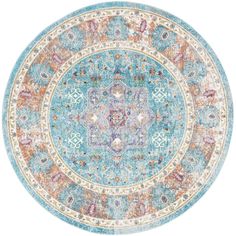 a round rug with an ornate design in blue, pink and orange colors on it