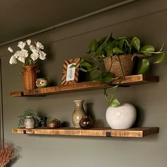 two wooden shelves with plants and vases on them