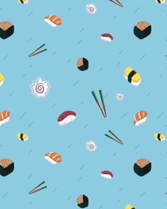 sushi and chopsticks on a blue background