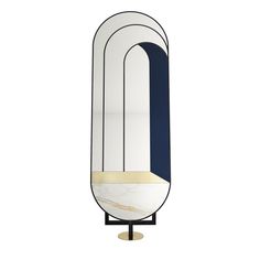 a white and blue mirror sitting on top of a metal stand in front of a white wall