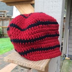 Handmade Beanie Hat. Red Crochet Wide Brim Hat, Red Wide Brim Crochet Hat, Red Beanie Hat, One Size Fits Most, Red Beanie Hat One Size Fits Most, Red One Size Beanie Hat, Red Brimmed Crochet Hat, Red Crochet Cap Hat One Size, Men's Beanie, Handmade Beanies