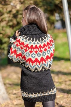 Black Fair Isle Pattern Cardigan For Winter, Black Fair Isle Cardigan For Winter, Black Fair Isle Winter Cardigan, Hand Knitted Black Sweater For Winter, Nordic Black Sweater With Fair Isle Pattern, Nordic Knitted Turtleneck Sweater, Nordic Style Black Sweater For Fall, Black Nordic Sweater For Fall, Black Long Sleeve Knitted Sweater