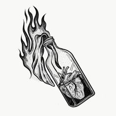 a drawing of a human heart in a bottle with fire coming out of the top