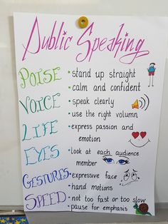 a white sign with writing on it that says public speaking and some other things to do