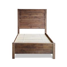 the bed frame is made from wood and has no headboard