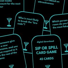 six cards with instructions on how to use the card game for social media and other activities