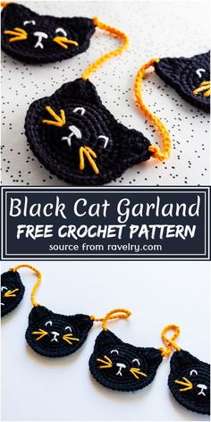 crocheted black cat garland with yellow string and eyes on it, in the shape of cats