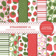 strawberry digital paper pack for scrapbooking, crafts and other projects - 12 patterns