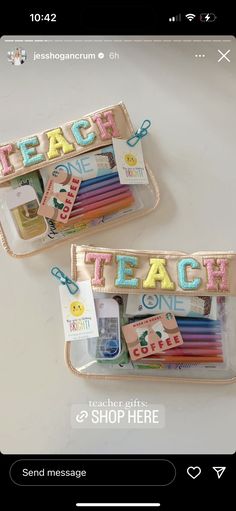 two pencils in a case with the words teach written on them and other items inside