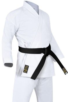 a white karate suit with black belt and gold emblems on the chest, standing in front of a white background