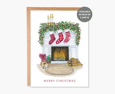 a christmas card with stockings and fireplace