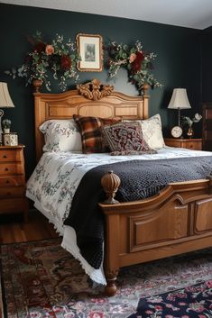 a bedroom with green walls and wooden bed frame in the middle, decorated with flowers