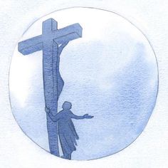 a drawing of a person reaching up to the cross