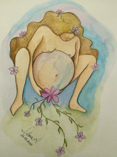 a drawing of a woman with flowers on her stomach