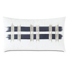 a white and blue pillow with horizontal stripes on it's side, in front of a white background