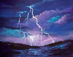 a painting of lightning striking over the ocean