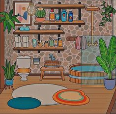 the bathroom is filled with plants, toilet and bathtubs in cartoon style illustration