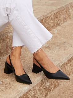 Soft Faux Leather Sling Back Court Heel Block Heel Heel Height: 6.5cm Slingback Heels Outfit, Corporate Shoes, Comfortable Office Shoes, Baddie Era, Professional Work Shoes, Cute Black Heels, Office Heels, Black Court Shoes, Work Heels