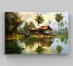 a painting of a house on the water with palm trees around it and a boat in the foreground