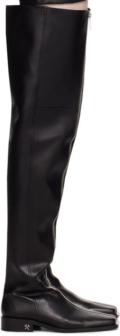 Over-the-knee grained faux-leather boots in black. · Square toe · Zip closure · Faux-leather lining · Logo hardware at stacked leather heel · Leather sole · Heel: H1.5 in Available exclusively at SSENSE. Supplier color: Black Faux Leather Knee-high Boots With Leather Lining For Work, Leather Knee-high Platform Boots With Zipper, Edgy Leather Heeled Boots With Zipper, Edgy Leather Heeled Boots With Zipper Closure, Edgy Knee-high Heeled Boots For Work, Black Leather Knee-high Boots With Zipper, Leather Knee-high Boots With Zipper For Office, Leather Knee-high Wedge Boots For Work, Edgy Leather Knee-high Boots For Work