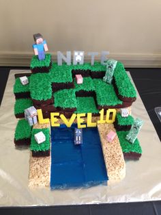 a cake made to look like a minecraft level 10 location on top of a table