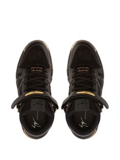 Talon mid-top sneakers from Giuseppe Zanotti featuring black, suede, panelled design, gold-tone hardware, round toe, front lace-up fastening, front touch-strap fastening, mid-top design, logo-embossed tongue and flat rubber sole. | Giuseppe Zanotti Talon mid-top sneakers Mid Top Sneakers, Mid Top, Top Design, Giuseppe Zanotti, Sneakers Black, Design Logo, Black Suede, Hiking Boots, Top Sneakers