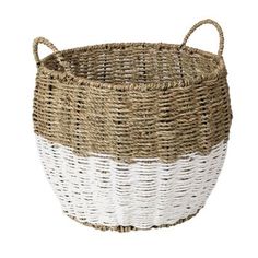 a white and brown basket with handles