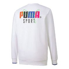 Men's PUMA Casual Sports Running Round Neck Pullover Long Sleeves White 598134-02 (Men's) Sportswear Sweatshirt With Logo Print For Sports, Sports Logo Print Sweatshirt, Sports Season Sweater With Graphic Print, Logo Print Sports Sweatshirt, Graphic Print Sweater For Sports Season, Athleisure Sports Sweater With Ribbed Cuffs, Athleisure Sweater With Ribbed Cuffs For Sports, Casual Sports Sweater With Logo Print, Sporty Sweater With Logo Print For Sports