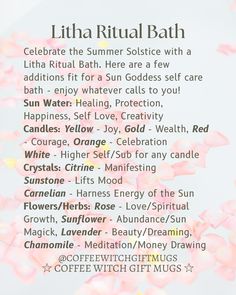 Celebrate the Summer Solstice with a Litha Ritual Bath. Here are a few additions fit for a Sun Goddess self care bath - enjoy whatever calls to you! | #summersolstice #litha #litharitual #lithacelebration #summersolsticewitchcraft #lithawitchcraft #lithaselfcare #summersolsticeselfcare #ritualbath #witchbathritual Summer Solstice Bath Ritual, Summer Solstice Ritual Ideas, Litha Prayer, Litha Recipes, Summer Rituals, Litha Altar, Litha Celebration, Litha Ritual