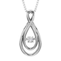 Because Your Love is Infinite. Elegant, mesmerizing and a symbol of your love her her. Set in the middle of this gleaming 14K white gold pendant is a dazzling diamond. The most fascinating part of this necklace is how the diamond actually vibrates and moves with her heart beat. It is absolutely amazing to watch. It twinkles, scintillates, and sparkles like you've never seen before. She will love the effect, and so will you. Beautiful .10 carat diamond. 14K white gold box chain. Show her how much Silver Jewelry With Timeless Design For Gift, White Gold Infinity Fine Jewelry, Timeless Design White Gold Jewelry Gift, Silver Fine Jewelry With Timeless Design, White Gold Sterling Silver Jewelry With Timeless Design, Timeless White Gold Infinity Jewelry, Timeless White Gold Sterling Silver Jewelry, Silver Diamond Jewelry With Timeless Design, White Gold Teardrop Pendant Jewelry For Anniversary