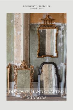 A collection of ornate, hand-carved mirrors in different finishes.