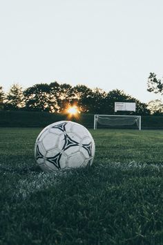 a soccer ball sitting on top of a lush green field